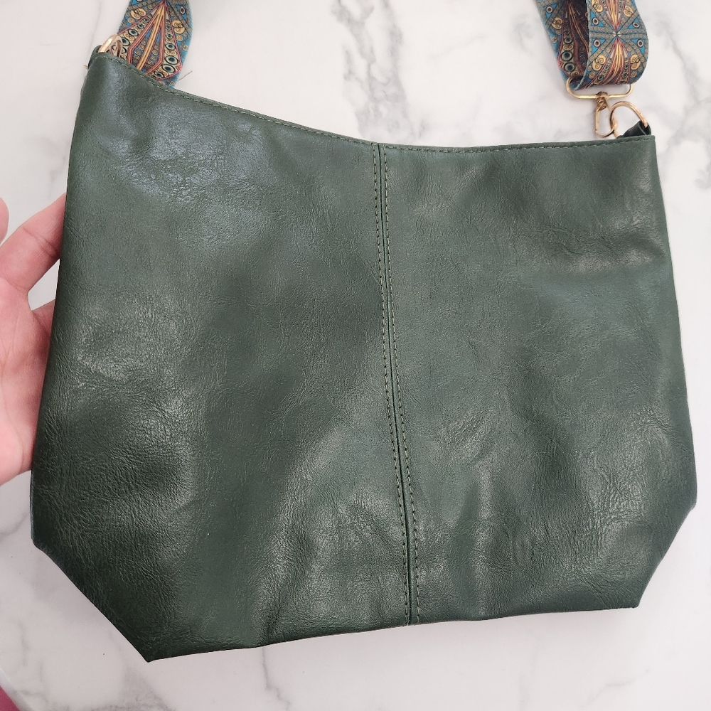 Unisex Army Green Tote Bag with Patterned Boho Strap - Picture 10 of 16